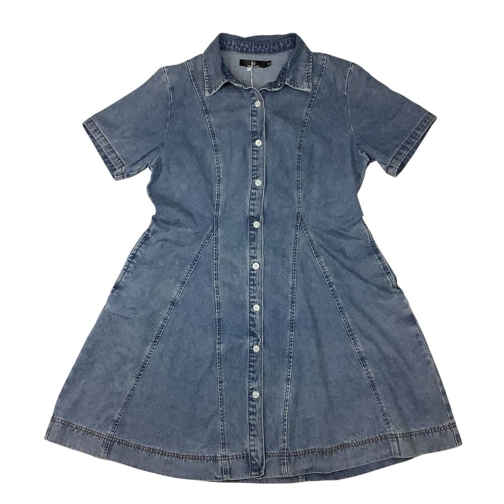 Blue Denim Jean Shirt A-Line Mini Dress Button Front Short Sleeve Women M 90s Y2